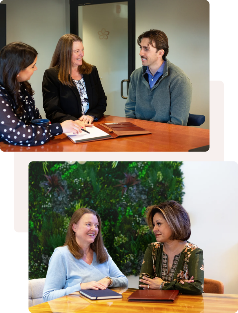 Two business meetings with people discussing and collaborating.